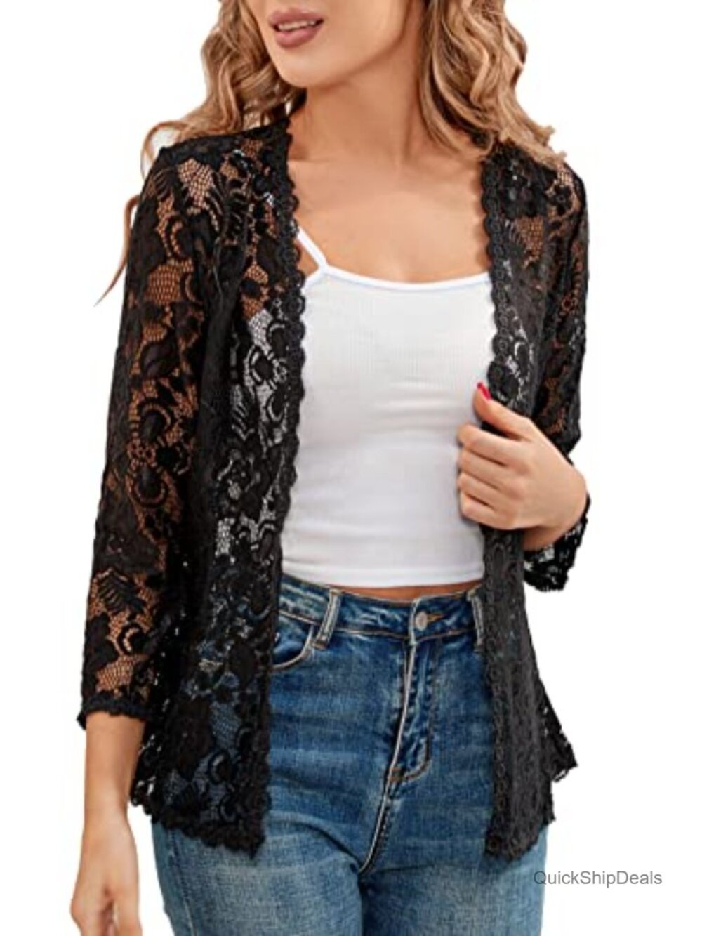 3/4 Sleeve Lace Bolero Shrug Crochet Open Front Cardigan